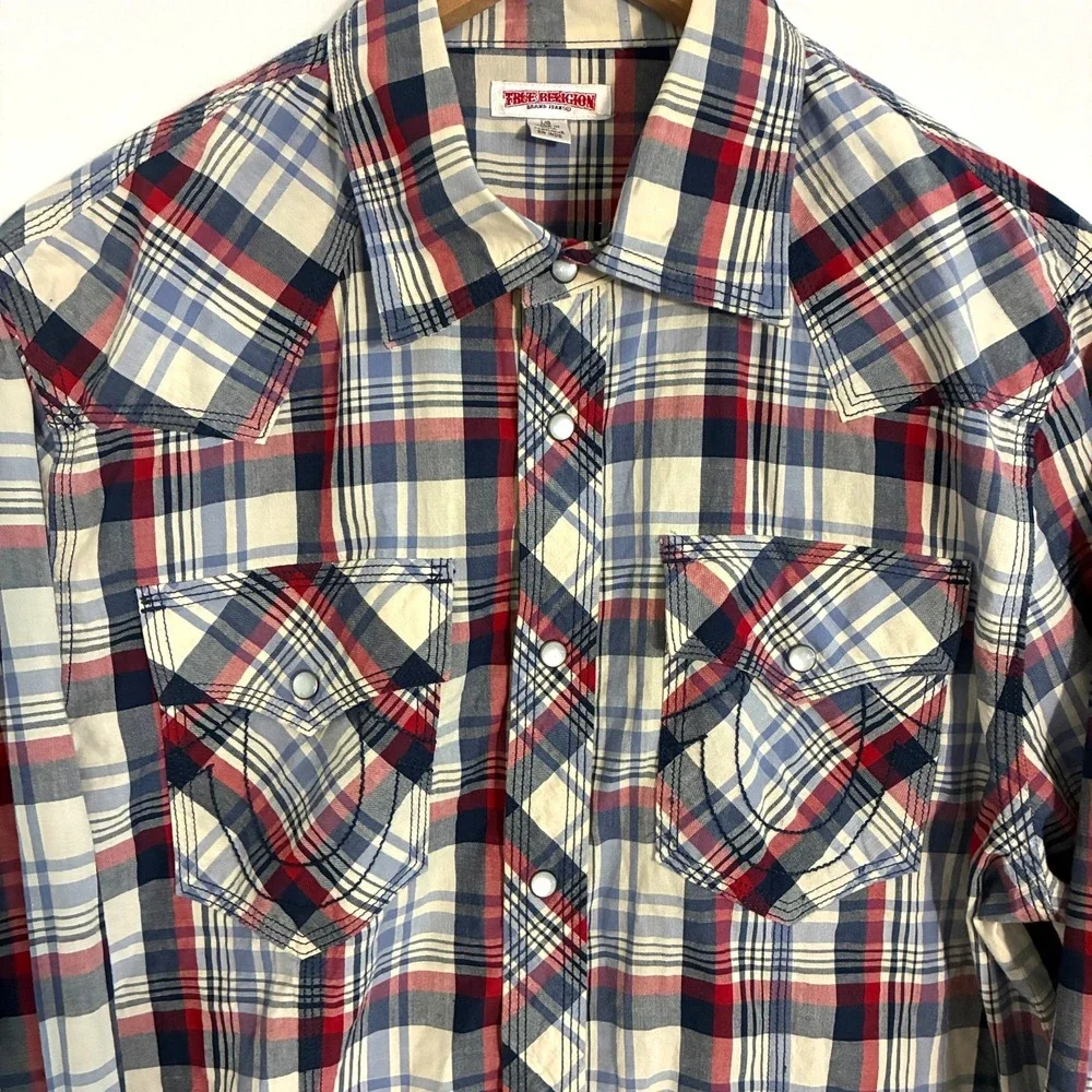 True Religion Western Shirt Mens Size L Plaid Pearl Snap Cowboy Logo Ranch Rodeo